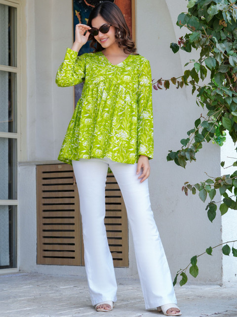 HERE&NOW Botanical Printed V-Neck Pure Cotton Empire Kurti