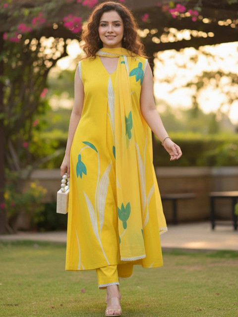 ARADHNA Women Floral Printed Regular Kurta with Trousers & With Dupatta