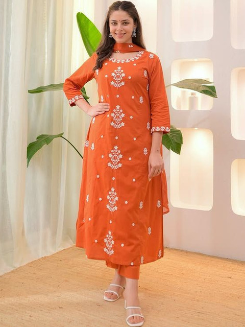 Twika Women Ethnic Motifs Embroidered Regular Thread Work Kurta with Trousers & With Dupatta