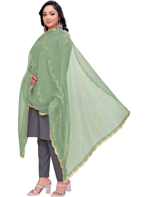 Kemza Embroidered Organza Floral Dupatta with Sequinned