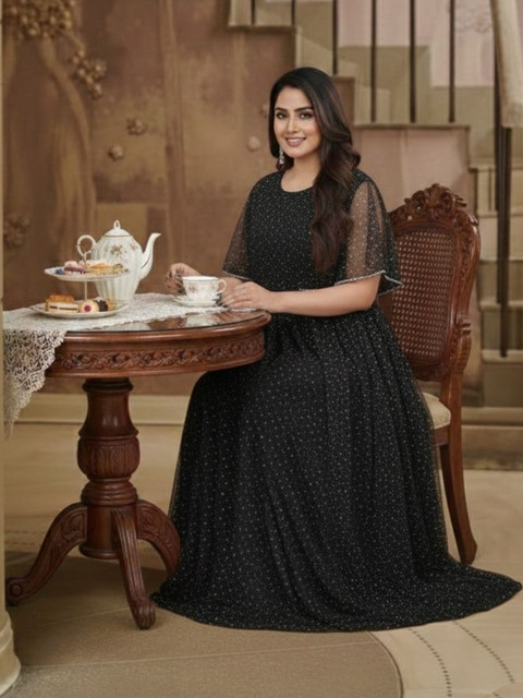 LADY SHOPI Polka Dot Print Cape Sleeve Maxi Dress