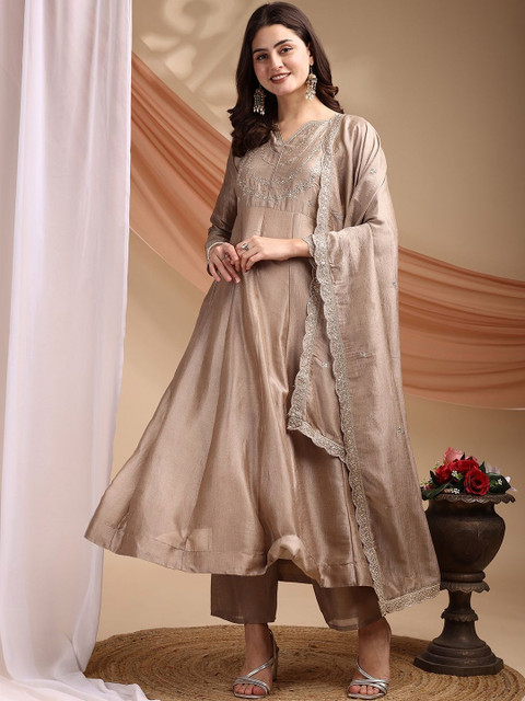 PAZVADI Women Ethnic Motifs Embroidered Panelled Thread Work Kurta with Trousers & With Dupatta