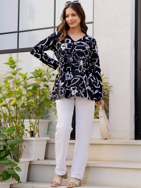 HERE&NOW Floral Printed V-Neck Pure Cotton Empire Kurti - Image 4