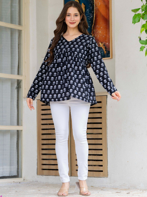 HERE&NOW Ethnic Motifs Printed V-Neck Pure Cotton Empire Kurti