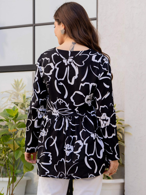 HERE&NOW Floral Printed V-Neck Pure Cotton Empire Kurti - Image 3