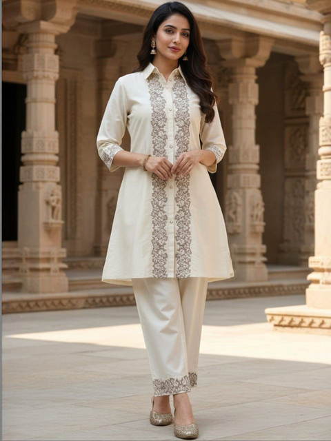 Inddus Embroidered Top With Palazzos Co-Ords