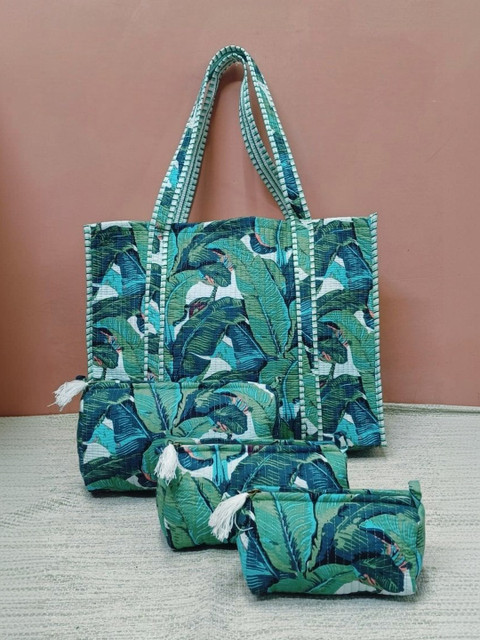 Gulaab Jaipur 4Pcs Quilted Cotton Tote Bag With Pouch