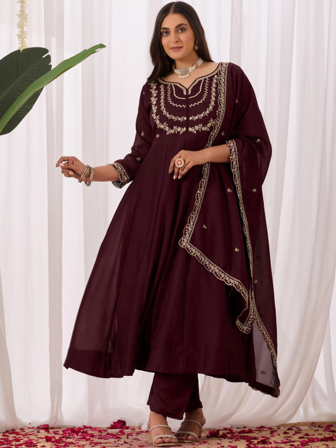 PAZVADI Women Ethnic Motifs Embroidered Panelled Thread Work Kurta with Trousers & With Dupatta