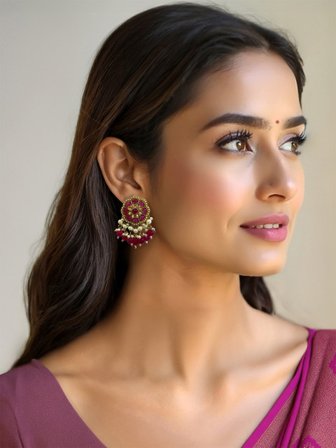 Kalakrith Milano Artificial Stones studded & Beaded Floral Shaped Drop Earrings