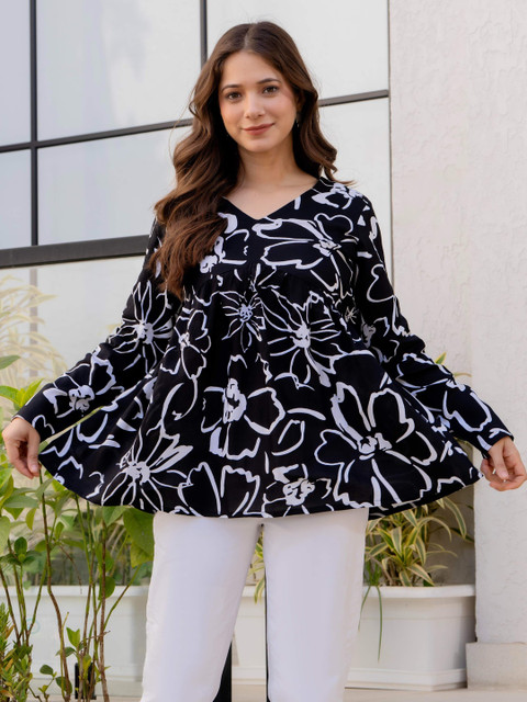 HERE&NOW Floral Printed V-Neck Pure Cotton Empire Kurti - Image 5