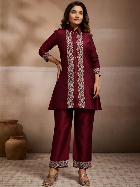 Inddus Embroidered Top With Palazzos Co-Ords