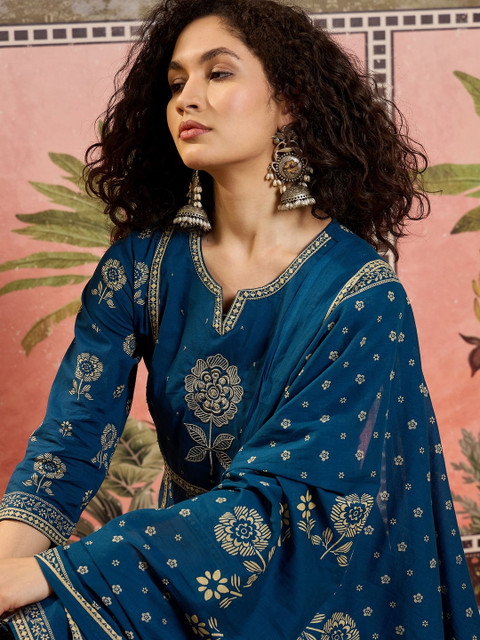 Sangria Printed Cotton Round Neck Kurta & Trousers With Dupatta