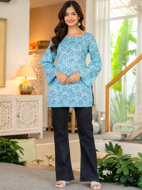HERE&NOW Floral Printed Boat Neck Flared Sleeves Pure Cotton Kurti