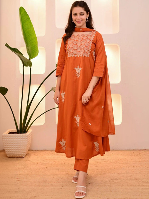 Keitra Women Ethnic Motifs Embroidered Regular Thread Work Kurta with Trousers & With Dupatta