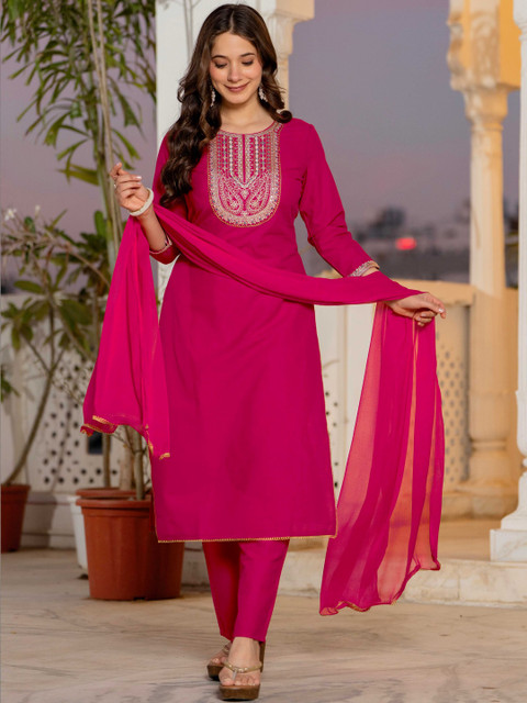 KJFAB Women Ethnic Motifs Embroidered Regular Thread Work Pure Cotton Kurta with Trousers & With Dupatta