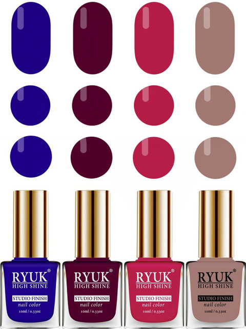RYUK Set Of 4 High Shine Nail Color - 10 ml Each- Royal Blue-Dark Maroon-Red Magenta-Brown