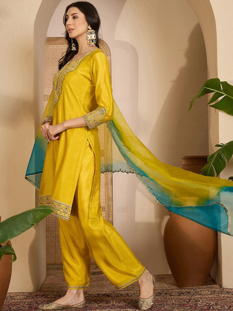 Sangria Embroidered Round Neck Kurta Trousers & Dupatta