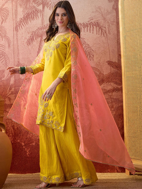 Sangria Embroidered Round Neck Kurta Trousers & Dupatta - Image 3