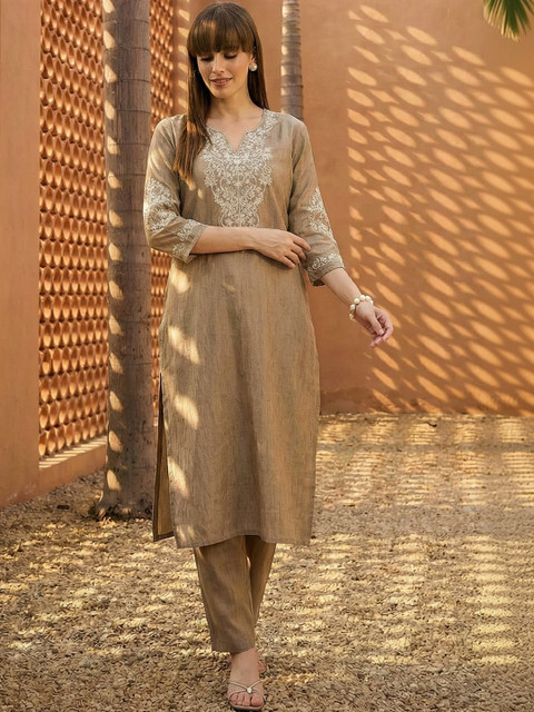 Indo Era Embroidered Round Neck Top & Trousers Co-Ords