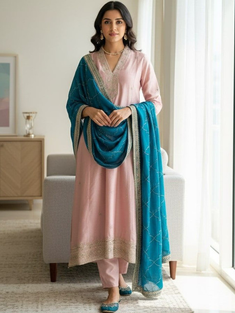 all about you Ethnic Motifs Embroidered Sequinned Kurta with Salwar & With Dupatta