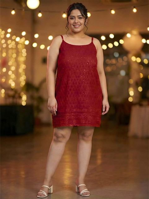 Indietoga Plus Size Maroon Embroidered & Sequinned A-Line Knee-Length Strap Dress