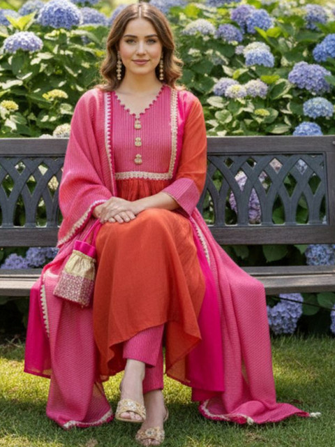 KALINI Women Striped Regular Gotta Patti Kurta with Trousers & With Dupatta