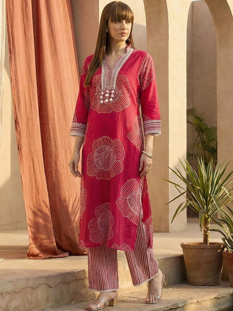 Indo Era Printed V-Neck Top & Trousers Co-Ords