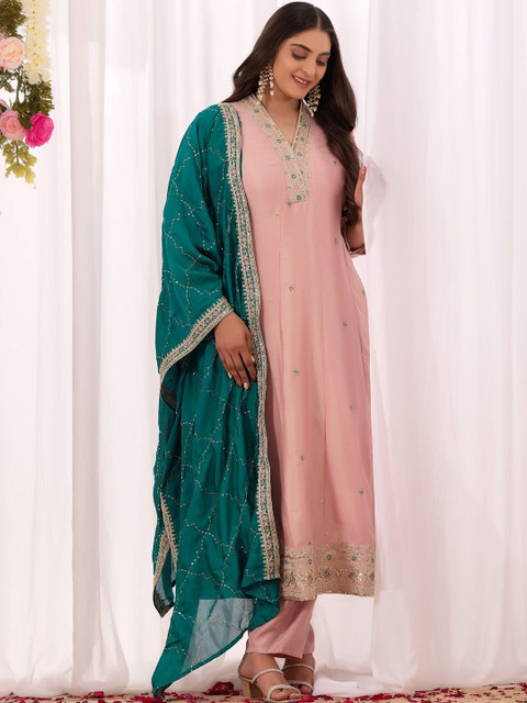 all about you Ethnic Motifs Embroidered Sequinned Kurta with Trousers & With Dupatta