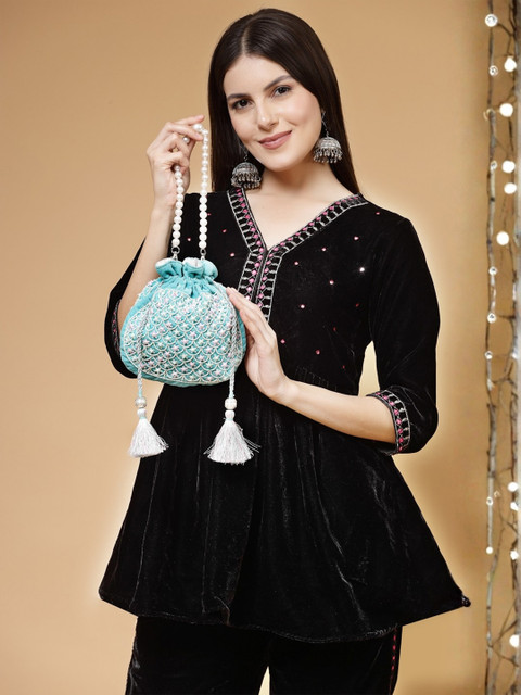 Anouk Women Embellished Velvet Potli Clutch With Tasselled