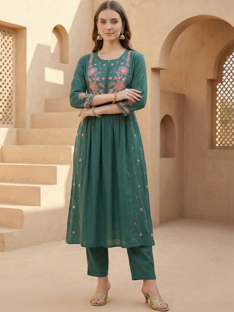 Indo Era Women Floral Embroidered Panelled Thread Work Kurta with Trousers