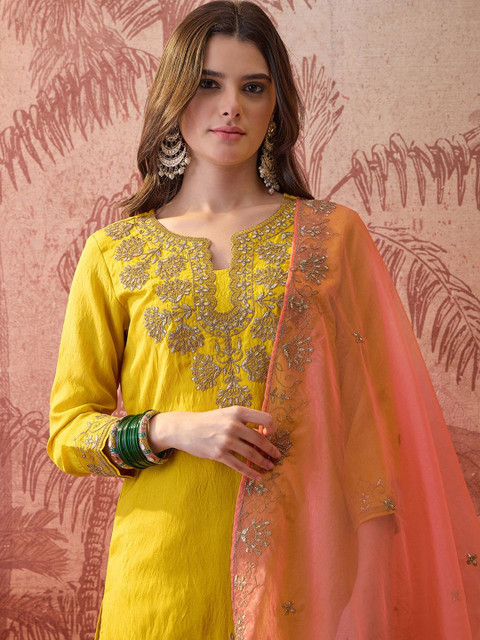 Sangria Embroidered Round Neck Kurta Trousers & Dupatta - Image 2