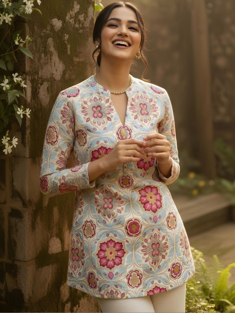 Anouk Mirage Botanical Printed Thread Work Pure Cotton Thread Work Kurti