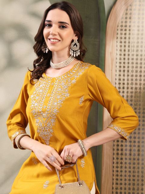 Sangria Embroidered Silk Round Neck Calf Length Straight Kurtas