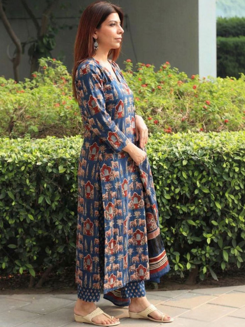 Moda Rapido Ethnic Motifs Printed Regular Chanderi Cotton Kurta with Trousers & Dupatta