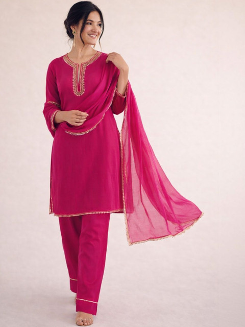 Sangria Embroidered Round Neck Kurta & Trousers Kurta Sets