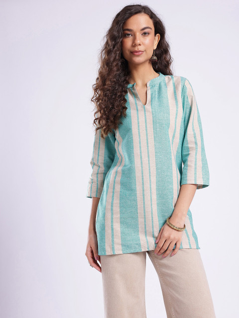 Anouk Rustic Striped Mandarin Collar Straight Kurti - Image 3