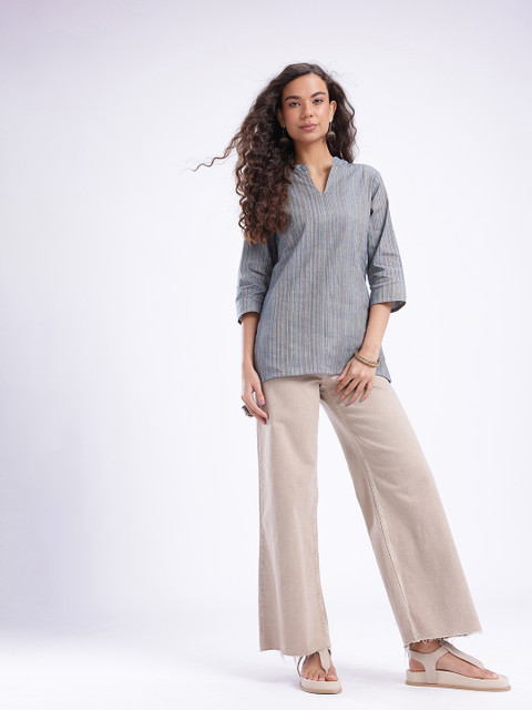 Anouk Rustic Striped Mandarin Collar Straight Kurti