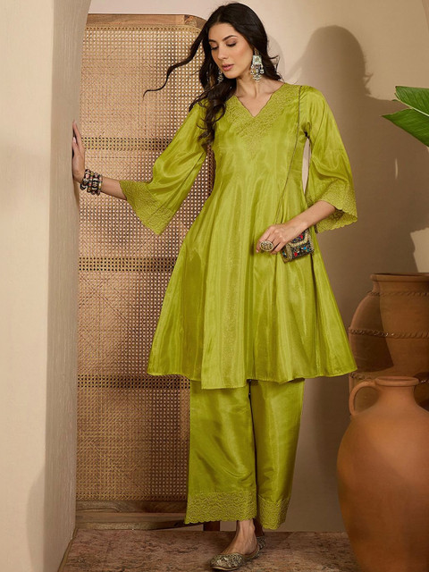 Sangria Embroidered V-Neck Kurta & Trousers Kurta Sets