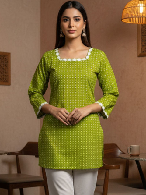 OZIA Polka Dot Printed Square Neck Thread Work Pure Cotton Thread Work Kurti