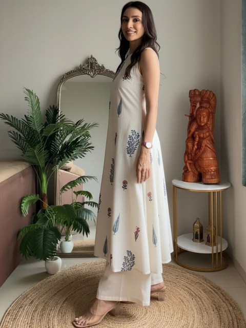 Keitra Women Floral Printed Regular Pure Cotton Kurta with Palazzos - Image 2