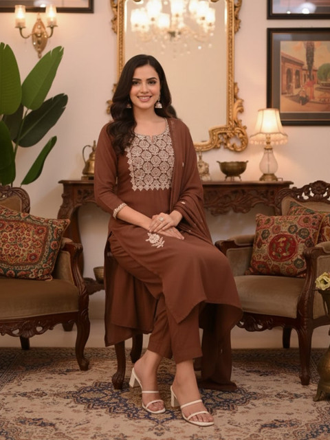 KALINI Women Ethnic Motifs Embroidered Regular Thread Work Kurta with Trousers & With Dupatta - Image 7