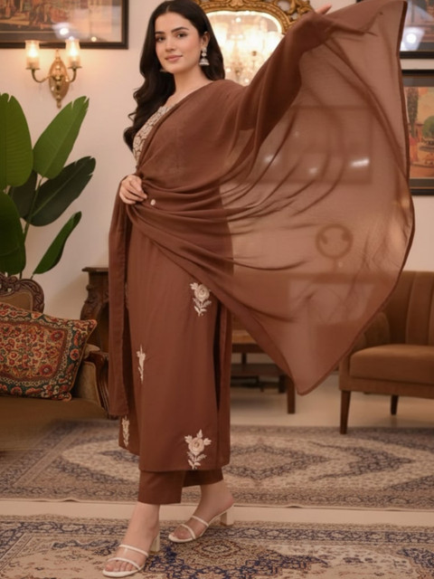 KALINI Women Ethnic Motifs Embroidered Regular Thread Work Kurta with Trousers & With Dupatta - Image 5