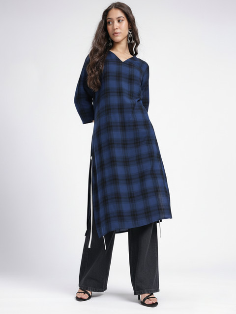 Anouk Rustic Checked V-Neck Straight Kurta