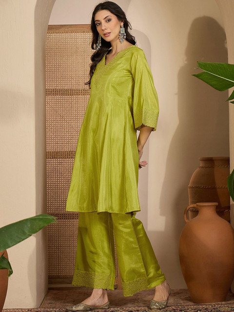 Sangria Embroidered V-Neck Kurta & Trousers Kurta Sets - Image 6