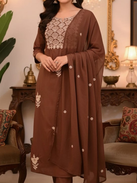 KALINI Women Ethnic Motifs Embroidered Regular Thread Work Kurta with Trousers & With Dupatta - Image 2