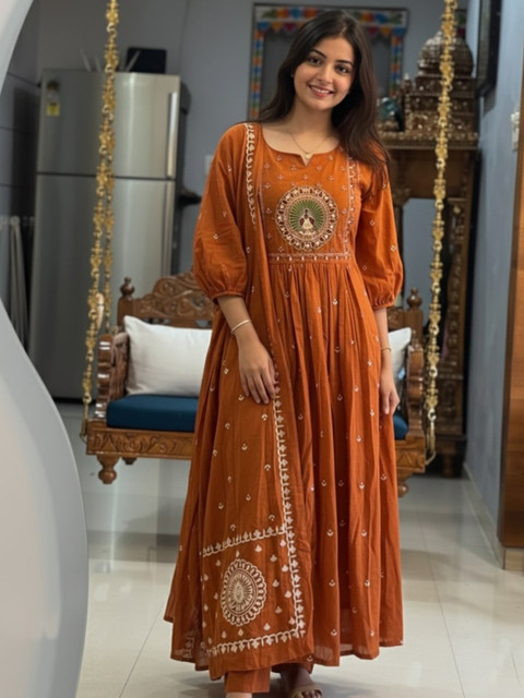 KALINI Ethnic Motifs Printed Panelled Notch Neck Anarkali Kurta With Pyjamas & Dupatta