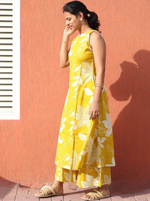 Keitra Women Floral Printed Regular Pure Cotton Kurta with Palazzos - Image 3