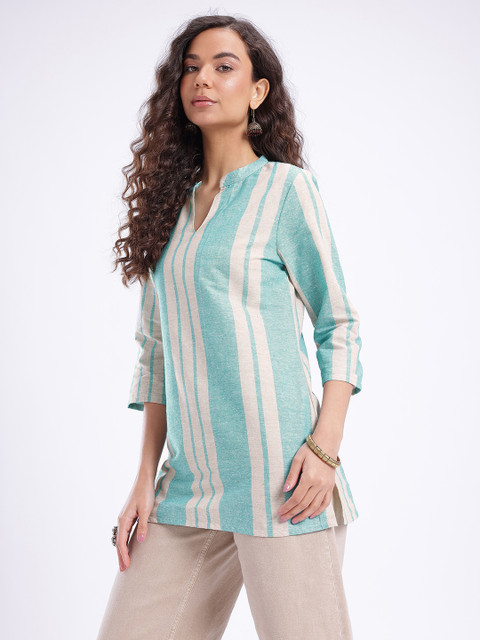 Anouk Rustic Striped Mandarin Collar Straight Kurti - Image 2