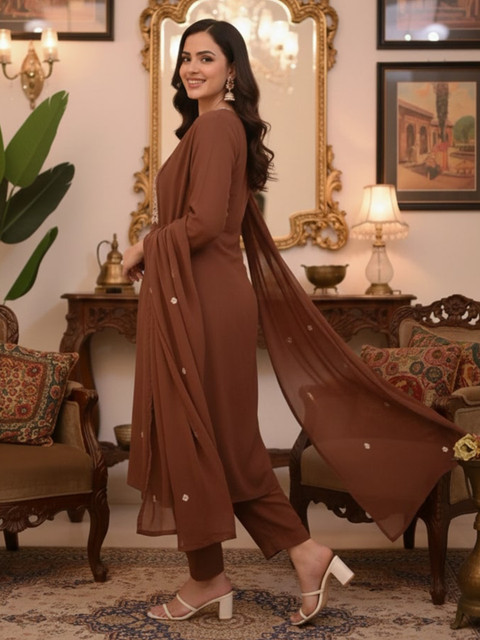 KALINI Women Ethnic Motifs Embroidered Regular Thread Work Kurta with Trousers & With Dupatta - Image 6