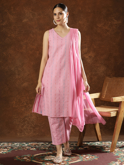 Anouk Ethnic Motifs Printed Regular Pure Cotton Kurta With Trousers & Dupatta